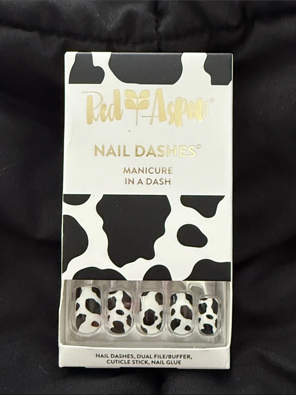 Red Aspen Nail Dashes Press-On Nail Set - Blue, Cow Print, and Tan Medium Square